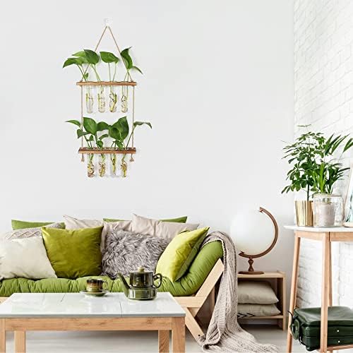 Hyindoor Wall Hanging Planter Terrarium 2 Tired Test Tube Vase Glass Planter Plant Propagation Station Plant Hangers of Rope with Wooden Stand and 8 Tubes for Hydroponic Plant Cutting - Image 7