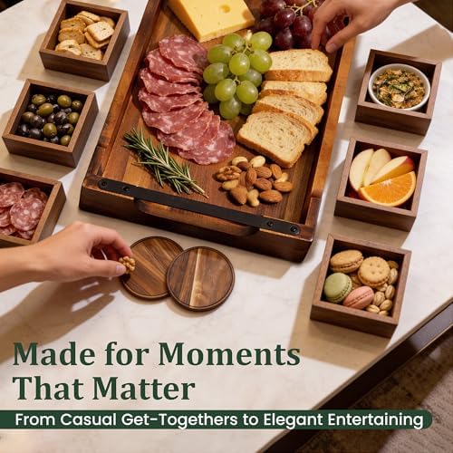 Belvi Modular Serving Tray & Coaster Set - Premium Acacia Wood | Snack Tray for Party Hosting - Trays for Serving Food, Charcuterie, Fruit Platter Tray for Parties, Appetizer & Dessert Trays - Image 6