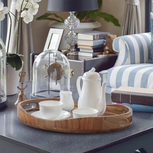 Acacia Wood Serving Tray with Handles - 17"x13" Round, Decorative Ottoman Tray for Living Room, Coffee Table, Breakfast in Bed, Candle Display - Image 6