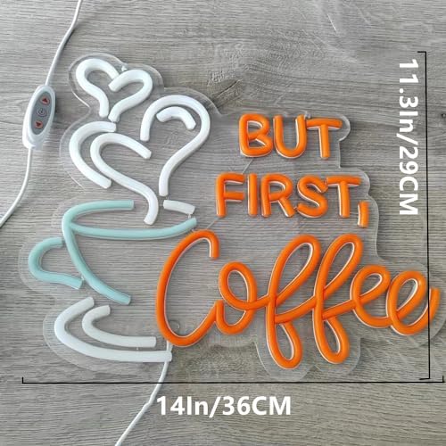 But First Coffee Neon Sign Large 5V USB Powered Acrylic Neon Lights with Dimmable Switch and Hanging Chain for Coffee Cafe Bar Party Living Room Sign Gifts 14 * 11.3inch(Orange) - Image 5