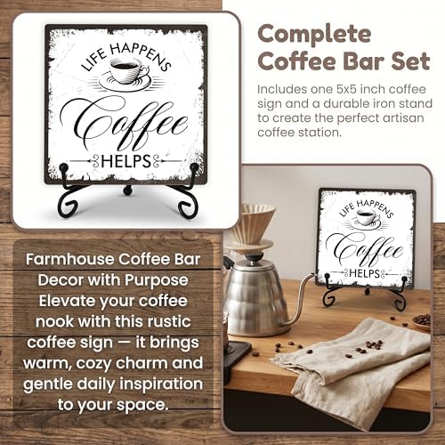 Coffee Bar Sign, Life Happens Coffee Helps Sign, Coffee and Tea Lover Gifts, 5x5 Wood Plaque with Iron Stand for Home Kitchen Cafe, Coffee Bar Decor – A08 - Image 7