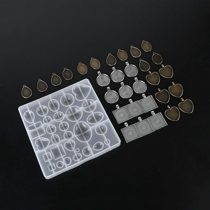Silicone Mold Alloy Round Oval Heart Shapes Pendant Base Tray for Resin Casting DIY Jewelry Making Kit