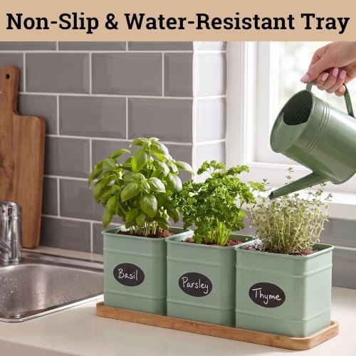 Herb Planter Indoor, 3-pc Herb Pots w/ Drainage Holes, Bamboo Tray & Labels - Image 6