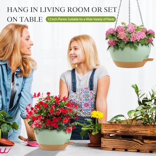 12 Inch Hanging Baskets 2 PC with Chains, Self-Watering Hanging Planters for Indoor Outdoor Plants, Plastic Hanging Flower Pots,Green Brown - Image 6