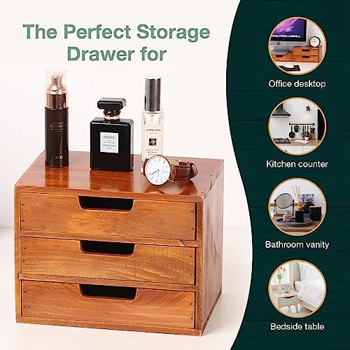 Triple Drawer Desktop Storage Organizer in Modern Wood Design (9.8”x6.9”x 7.5”) 3-Drawer Stackable Drawer Unit - Vanity Accessories Organizer (1-Pack) - Image 6
