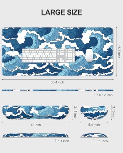 Auhoahsil Large Mouse Pad with Wrist Rests for Keyboard & Mouse, Thick Soft Ergonomic Memory Foam Wrist Supports, Big & Long Desk Mat 35.5 x 15.7 in, for Office Gaming Computer, Blue Wave - Image 7