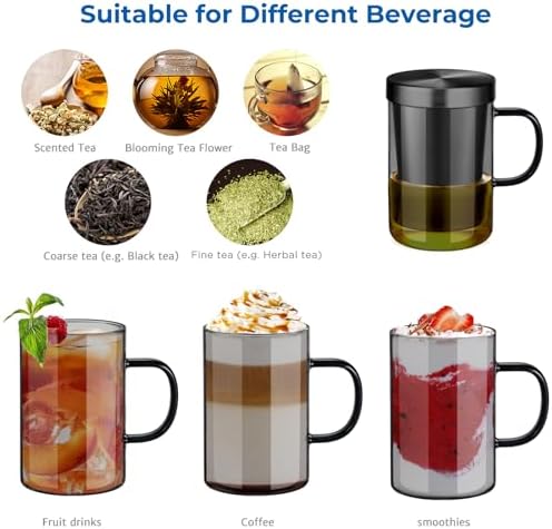 ecooe Black Glass Tea Mug with Stainless Steel Infuser and Lid 16.9oz - Image 7
