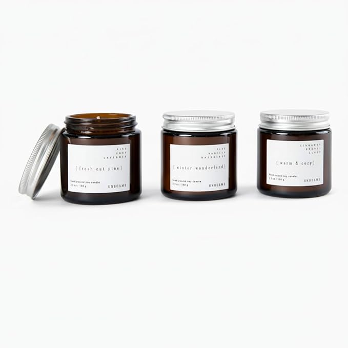 Unboxme Gifts 3-Pack Aromatherapy Scented Candle Gift Set – Hand-Poured Soy Wax Candles with Essential Oils in Reusable Glass Jars – Relaxation & Gift-Ready Candle Set – Merry + Bright Set