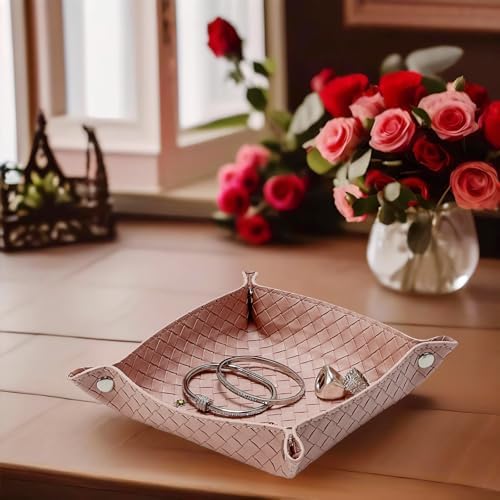 UnionBasic Small Valet Tray, Jewelry Tray for Rings Watches Earrings, Entryway Catchall Caddy for Coins Keys Change, Nightstand Bedside Valet Holder, Trays for Electronic Gadgets, Woven Pink - Image 7