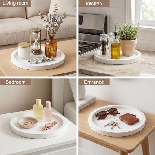 Round Candle Plate Holder White Wooden Coffee Table Tray Kitchen Decor - Image 7