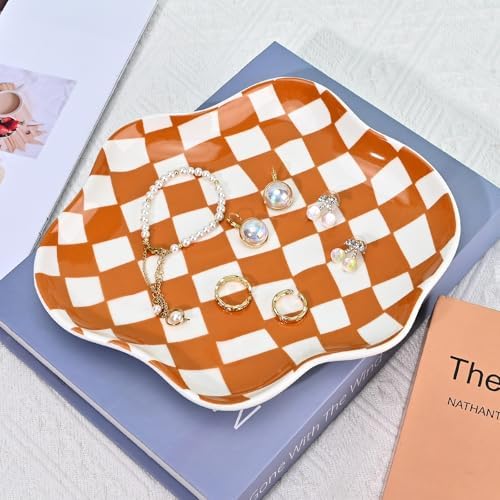 Koythin Brown Plaid Ceramic Jewelry Tray, Vanity Trinket Dish Birthday Gift - Image 7