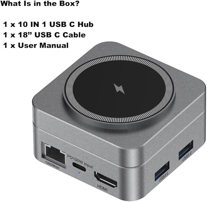 10-in-1 Portable USB-C Hub with Wireless Charger, 4K HDMI, Made with Aluminum Alloy Casing for Durability, Compatible with Mac, Windows, Compact and Lightweight USB C Docking Station for Travel