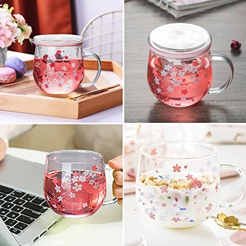 Cherry Blossom Glass Cup and Coaster, Glass Teacup with Infuser and Lid, 300ml Clear Pink Flower Tea Infuser Mug Heat Resistance Borosilicate Glass Drinking Cup, Ideal for Tea Lovers - Image 7