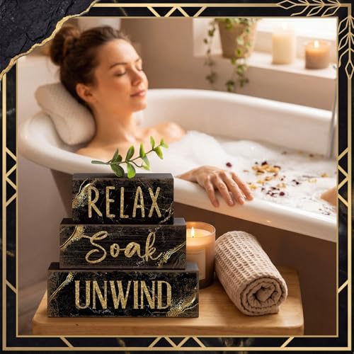 Moucuny 4 Pcs Black Gold Bathroom Signs Relax Soak Unwind Wooden - Image 6