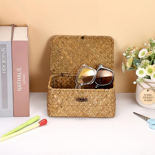Hipiwe Seagrass Basket Key Holder Box for Entryway Tabletop Desk Organizer with Lid Handwoven Wicker Storage Bin for Hair Ties Candy, Whitewash 6.1" x 4" x 3.3" - Image 7