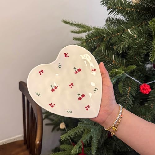 Koythin Cherry Bow Leaf Ceramic Heart Jewelry Tray, Valentine Trinket Dish by Koythin