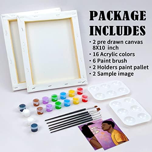 Couples Paint Party Kits Pre Drawn Canvas for Adults for Paint and Sip Date Night Games for Couples Painting kit 8x10 African American Girl Boy (2 Pack) Valentine - Image 5