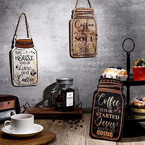 Jetec 3 Pcs Coffee Bar Decor Sign Mason Jar Wall Hanging Plaque Farmhouse Kitchen Decor Wooden Coffee Sign for Kitchen Home Living Room Wall Decorations(Simple Style) - Image 7