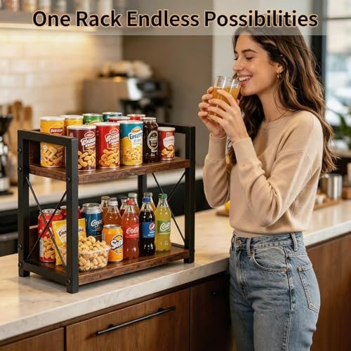 2-Tier Countertop Organizer, Iron-Wood Coffee Station Shelf, Heavy Duty Kitchen Counter Spice Rack for Coffee Bar, Pantry, Bathroom Storage(Brown) - Image 7