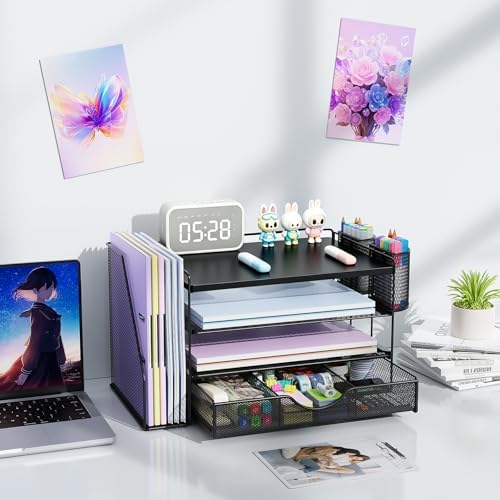 gianotter Wood Desk Organizers and Accessories with File Holder, 4-Tier Desk Accessories & Workspace Organizers with Drawer and 2 Pen Holder, Desk Reference Organizer (Black, 4T with Metal Drawer) - Image 7