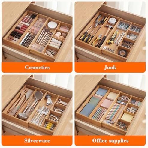 Bamboo Sliding Desk Drawer Organizer 8.2'' up to 16.4'' x 14.4'' x 2.2'' Expandable Office Desk Accessories Supplies Tray with 7 Compartments for Pens, Notebooks, Rulers, and Makeup Jewelry Vanity - Image 6