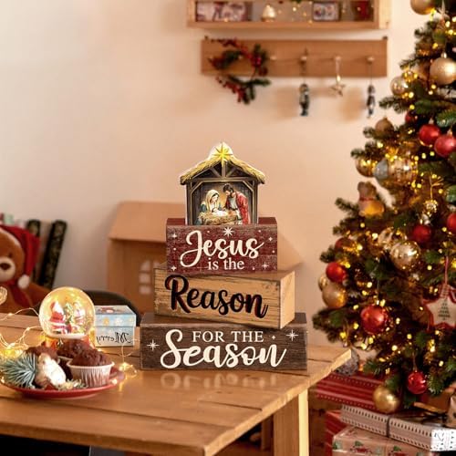 Moucuny 4 Pcs Christmas Table Decor Christian Nativity Scene Wooden Blocks - Image 6