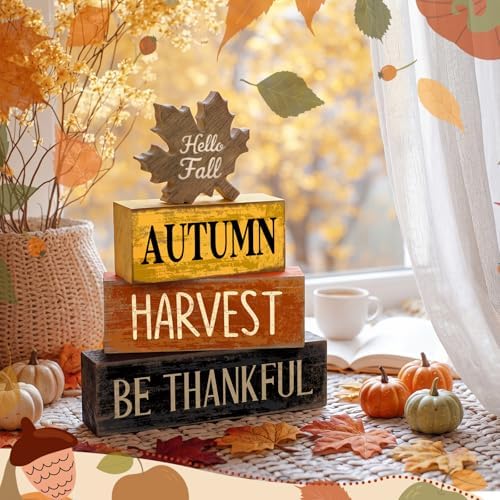 Moucuny 4 Pcs Fall Decor Wooden Maple Leaf Thanksgiving Tiered Tray Decor - Image 6