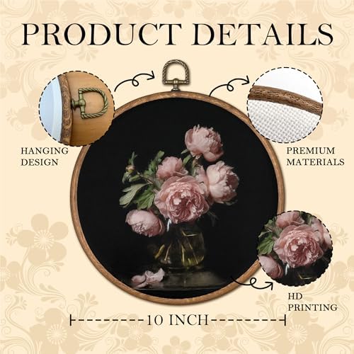 OFJE Vintage Moody Peony Floral Wall Art Decor, Decor, Dark Academia Floral Round Wall Hanging Decor, Dark Cottagecore Flower Framed Canvas Prints for Home Bedroom Living Room Decorations, 10x10 Inch - Image 6
