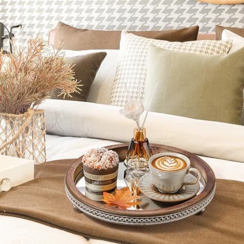 KULEDM Handmade Wooden Serving Tray, Small Beaded Coffee Table Tray Decor, Mirror Round Decorative Tray for Coffee Table, Dining Room Table Entryway and Living Room Table, TR700 - Image 7