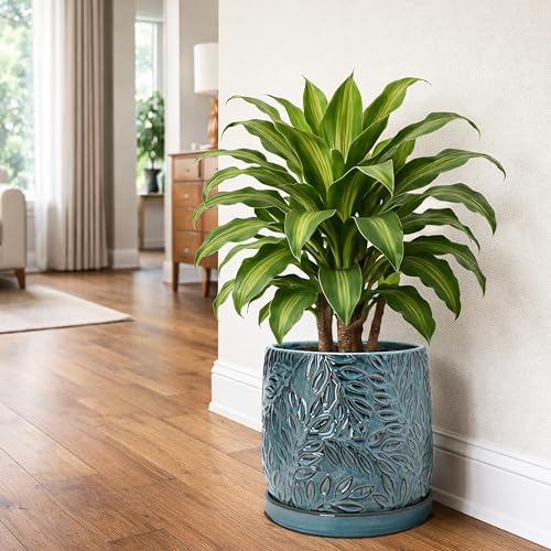 D'vine Dev Embossed Leaves Ceramic Planter, 10 in, Ocean Teal, 27-A-P-8 - Image 7