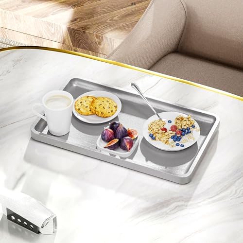 Weenson Bathroom Vanity Tray for Countertop Decor Perfume Makeup Toiletries Toilet Tank, Large Bamboo Kitchen Tray for Spice Salt, Serving Tray for Food Coffee, Nightstand Candle Silver 14.2”x8.3” - Image 6