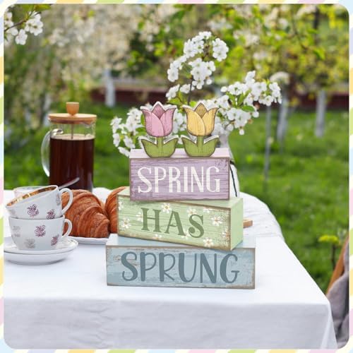Moucuny 4 Pcs Spring Wooden Block Signs Farmhouse Tray Decor Tulips - Image 6