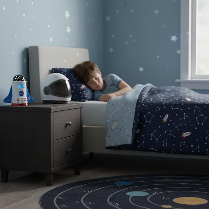 Sharp NASA Space Shuttle Night Light Alarm Clock – Wings and Booster Lights Up – Space Design Nightlight Fun with 4 Color Options and 2 Space Themes for Bedroom, Great Gift!