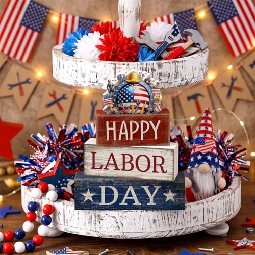 Moucuny 4 Pcs Labor Day Red White Blue Wooden Block Signs Table Decor - Image 6