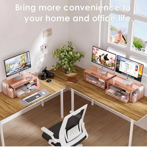OPNICE Computer Monitor Stand Riser, Desk Organizer with Drawer, Printer & Laptop Stand, Office Desk Accessories & Workspace Desktop Organizers Storage for Office Supplies(Rose Gold) - Image 7
