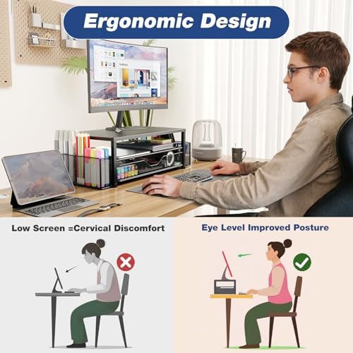 OPNICE Desk Organizer and Accessories, 2-Tier Computer Monitor Stand Riser with Drawer and 2 Pen Holders, Laptop Stand, Office Desk Accessories for Office Supplies, Rose - Image 6