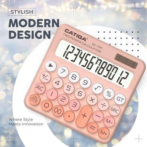 CATIGA Mechanical Switch Calculator with Solar and Battery Dual Power, 12-Digit Large LCD Display, Aesthetic and Cute Desktop Calculator with Big Button, for Home, School and Office Use, SD-1299 - Image 6