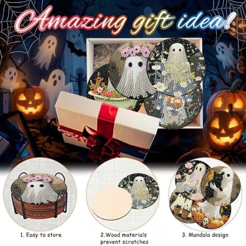 LWZAYS 8 PCS Halloween Ghost Diamond Art Coaster Kits with Holder - Horror Diamond Painting for Adults Beginners - 5D Gem Art Dots Paintings with Cork Pads - Crafts Supplies - Image 6
