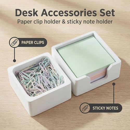 Concrete Desk Organizer Set of 2 - Minimalist Sticky Note Holder & Paper Clip Dispenser - Heavy Duty Office Desk Accessories with Non-Slip Base for Home Workspace Organizer & Desk Decor, White - Image 6
