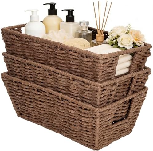 Paper Rope Storage Baskets for Shelves Organizing, Small Hand Woven Wicker Organizer Basket with Handle for Bathroom Toilet Paper Storage, Brown, 3-Pack - Image 7