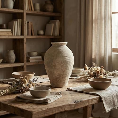 Large 9 Inch Ceramic Vase, Farmhouse Rustic Table Centerpiece, Vintage Floor Vase for Dried Flowers, Home Decor for Living Room, Mantel, Bookshelf & Office - Image 7
