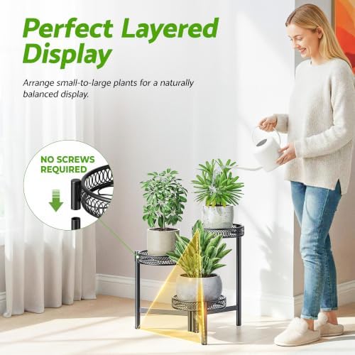 3 Tier Metal Plant Stand Indoor Outdoor, Corner Tall Plant Shelf for Multiple Plants, Foldable Heavy Duty Plant Holder, Decoration Flower Pot Stand for Patio Living Room Balcony Garden - BlackFlower - Image 6