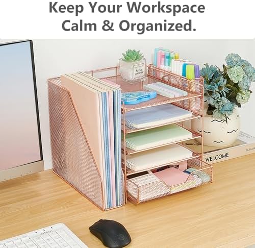 5-Tier Desk File Organizer with Drawer & Pen Holder (Rose Gold) - Image 7