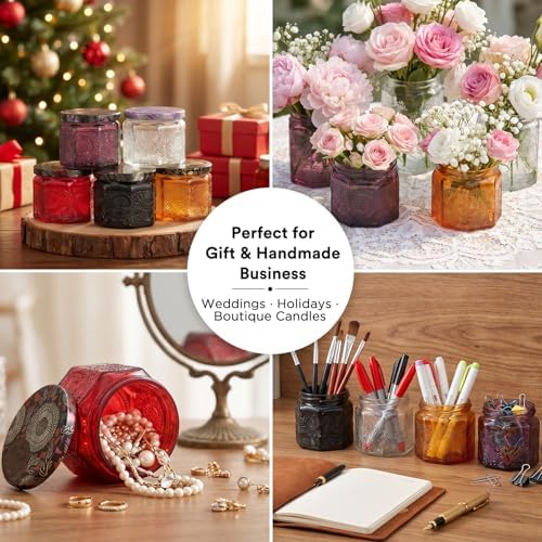 LumaCraft 12 Pack 4oz Glass Candle Jars with Lids, Hexagon Embossed Candle Making Containers, Empty Candle Jars with 20 Wicks & Labels for DIY Candle Making, Party Favors, Home Decor - Image 7