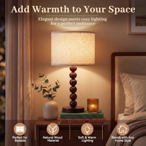2 Pack 20.5" Rustic Table Lamps, Farmhouse Nightstand Lamp with Walnut Wood Grain Resin Base & Linen Shade, Small Bedside Lamp for Bedroom, Living Room Apartment Décor, Bulbs Not Included - Image 7