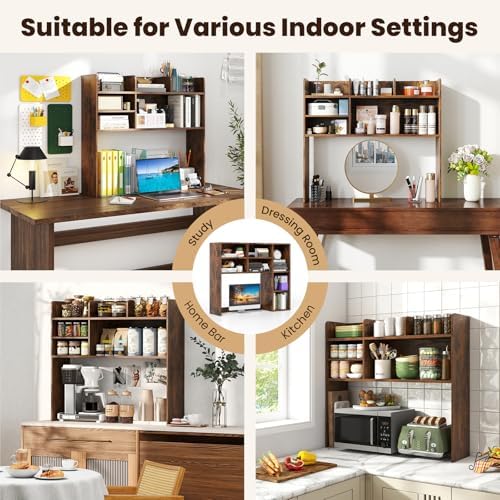 GIANTEX Desktop Bookshelf, 37" Desk Hutch Dorm for Computer Up to 32 Inch, Countertop Hutch w/6 Storage Shelves, 3-Tier Desktop Organizer Display Rack, Wood Desk Shelf for Home Office (Rustic Brown) - Image 6