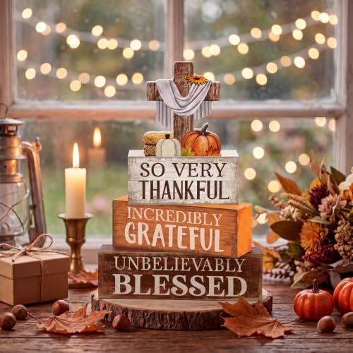 Moucuny 4 Pcs Fall Table Decoration for Home Religious Cross Stacked Signs - Image 6