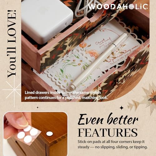 Boho Green Wooden Desk Organizer with Drawers – 4-Drawer Desktop Storage Box – Rustic Tribal Wood Desk Organizer for Office, Vanity, or Craft Supplies – Compact & Stylish Wooden Storage Drawers - Image 6