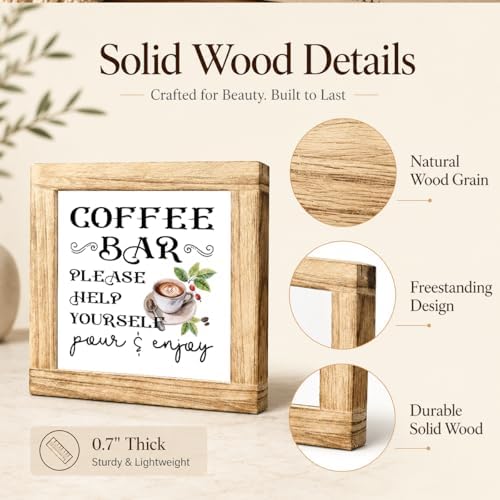 Coffee Bar Help Yourself Wood Sign, Pour And Enjoy Coffee Station Decor, Vintage Cafe Kitchen Plaque, Rustic Counter Shelf Accent For Pantry Breakfast Nook Home Office, 5.9 x 5.9 in - Image 6