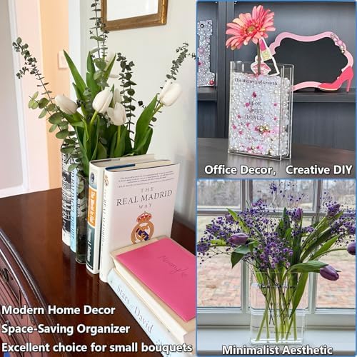 Puransen Clear Book Flower Vase - Floral Bookshelf Decor, Acrylic Flower Holder & Space-Saving Organizer, Modern Home Office/Study Desk Minimalist Aesthetic (Not Including Flowers) - Image 6